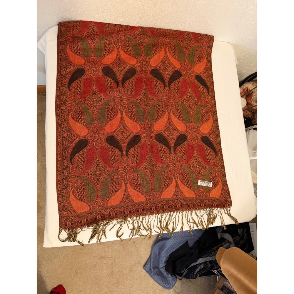 Pashmina Silk Blend Paisley Shawl Red Orange Olive Green Fringed Wrap Scarf